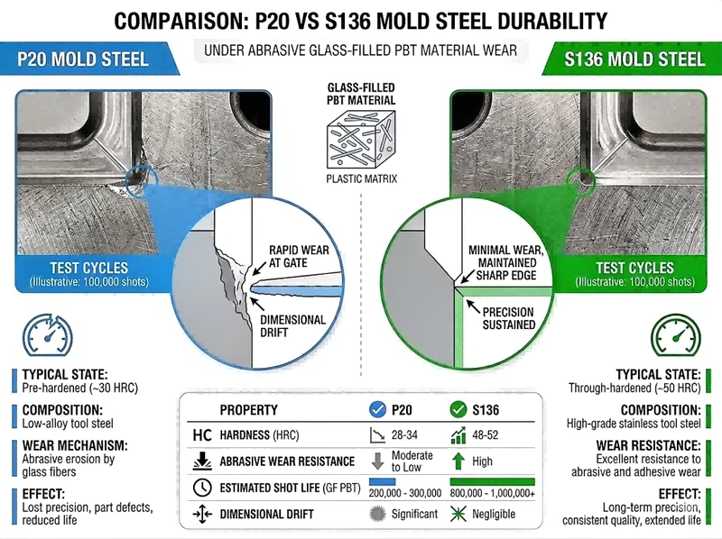 Comparison of P20 vs S136 mold steel durability under abrasive glass-filled PBT material wear Comparison of P20 vs S136 mold steel durability under abrasive glass-filled PBT material wear